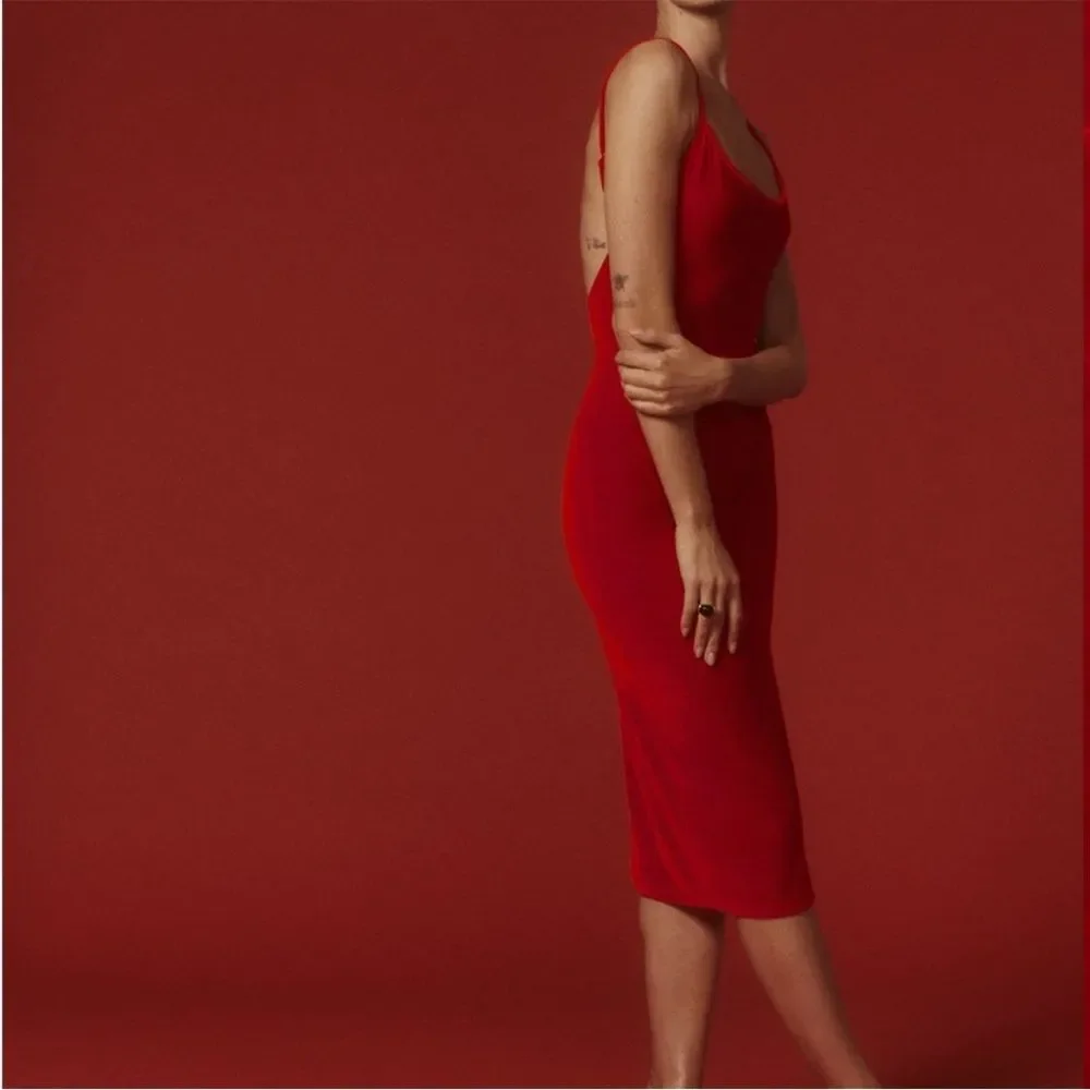 New Reformation‎ Merel Velvet Midi Dress Red Scoop Back Adjustable Strap Sz XS